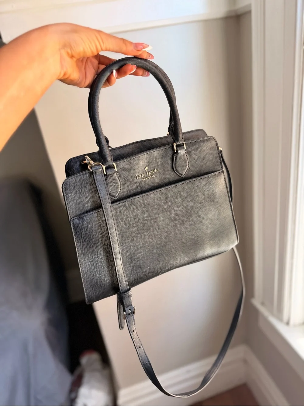 kate spade Black Leather Structured Satchel with Detachable Strap